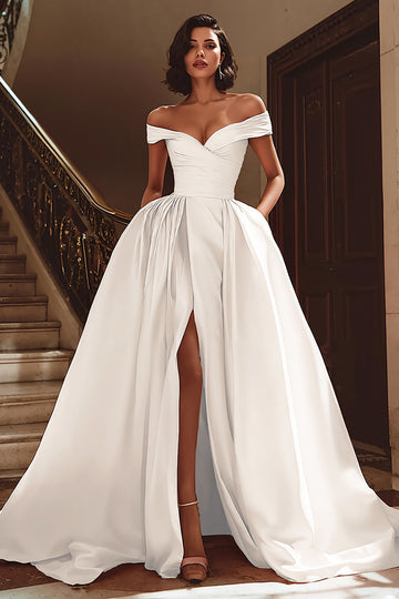 Off the Shoulder White A Line Wedding Dress